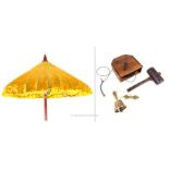 Japanese measuring tape and Japanese hammer and Tibetan bell and Thai umbrella