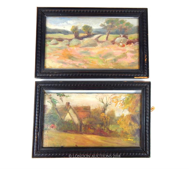 A pair of framed oil paintings of rural scenes