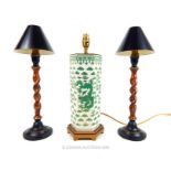 A Chinese porcelain table lamp and a pair of candlesticks