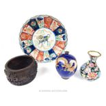 Chinese cloisonne dragon vase, another enamelled vase, bronze ring and Japanese Imari plate
