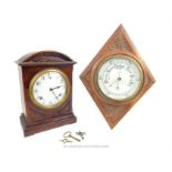 An American, oak-cased mantel clock with an oak barometer