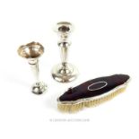 Solid silver posy vase, silver candlestick and brush
