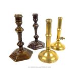 A Pair of Mid 18th century Bronze Table Candlesticks and another pair in Brass circa 1800