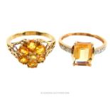 9 ct yellow gold Citrine flower ring and 9 ct gold Baguette cut Citrine and diamond ring.