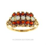 9 ct gold Vintage Garnet and Opal 3 row ring.