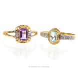 9 ct gold Amethyst and Diamond ring and a 9 ct gold Blue Topaz and Diamond ring.