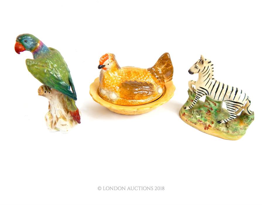 A Staffordshire Zebra, Meissen style parrot and chicken tureen with cover - Image 2 of 3