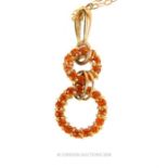 A 9 ct gold Orange Sapphire Jade hoop drop pendant necklace.