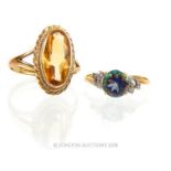 9 ct gold Marquise cut Citrine barby twist mount and 9 ct gold Mystic Topaz and Diamond ring.