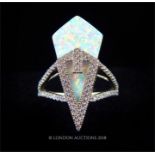 An Art Deco Style Silver Cubic Zirconia and Opalite Kite Shaped Ring.