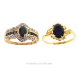 9 ct gold Black Sapphire solitaire ring and 9 ct gold Sapphire and Diamond ring.