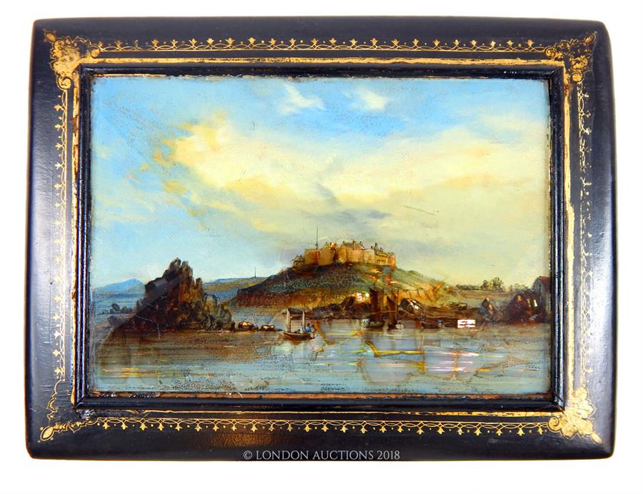 A Victorian reverse painting on glass, with mother of pearl detail