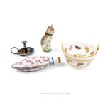 A perfume bottle in the form of a cat, possibly by Meissen and three other items