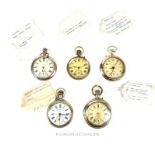 Five base metal open faced pocket watches