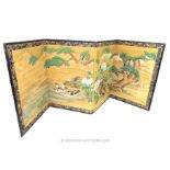 A Japanese hand painted four fold pillow screen