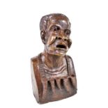 A carved wood portrait bust of an African man