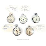 Five base metal open faced pocket watches