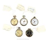 Five base metal open faced pocket watches