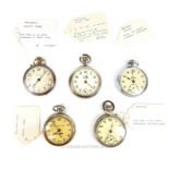 Five base metal open faced pocket watches