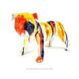 A brightly coloured sculpture of a bulldog