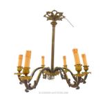 A cast bronze and brass six branch chandelier