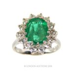 A good 18 Carat White Gold Emerald and Diamond Cluster Ring.