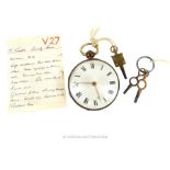 An early 19th century open faced gilt base metal pocket watch by James Graham