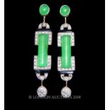 A Pair of Art Deco Style Siver Jade and Diamond Set Drop Earrings.