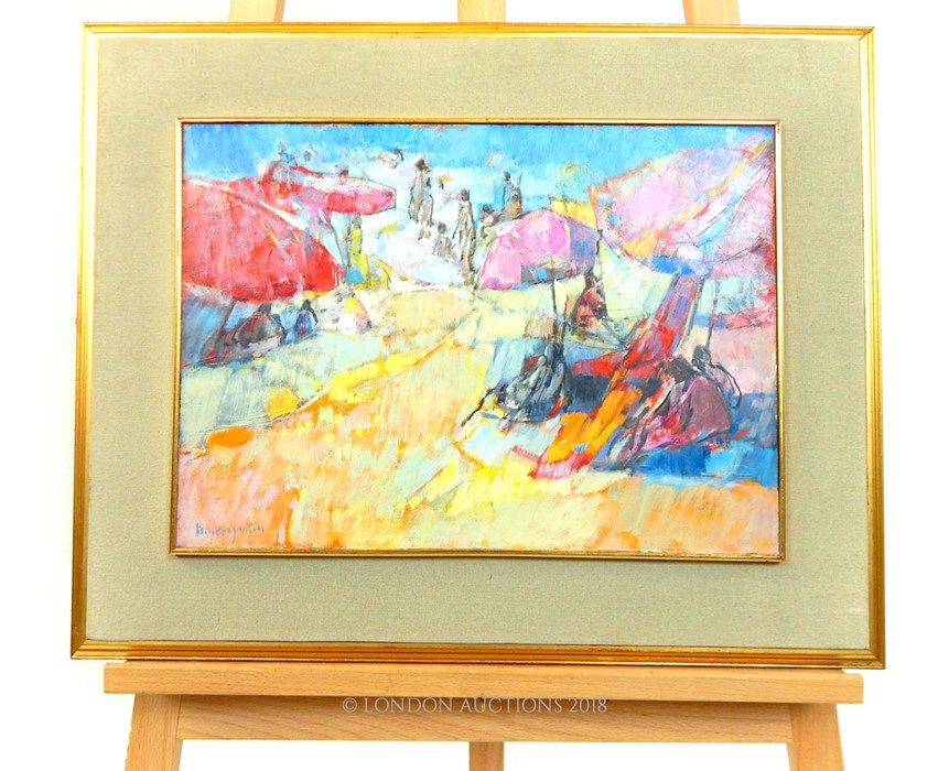 A contemporary oil on canvas depicting sunbathers