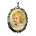 A Miniature Portrait locket of a Child with Old Cut Diamond set Bezel.