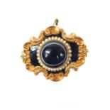 A Good High Carat Yellow Metal Seed Pearl and Banded Agate Mourning Brooch.