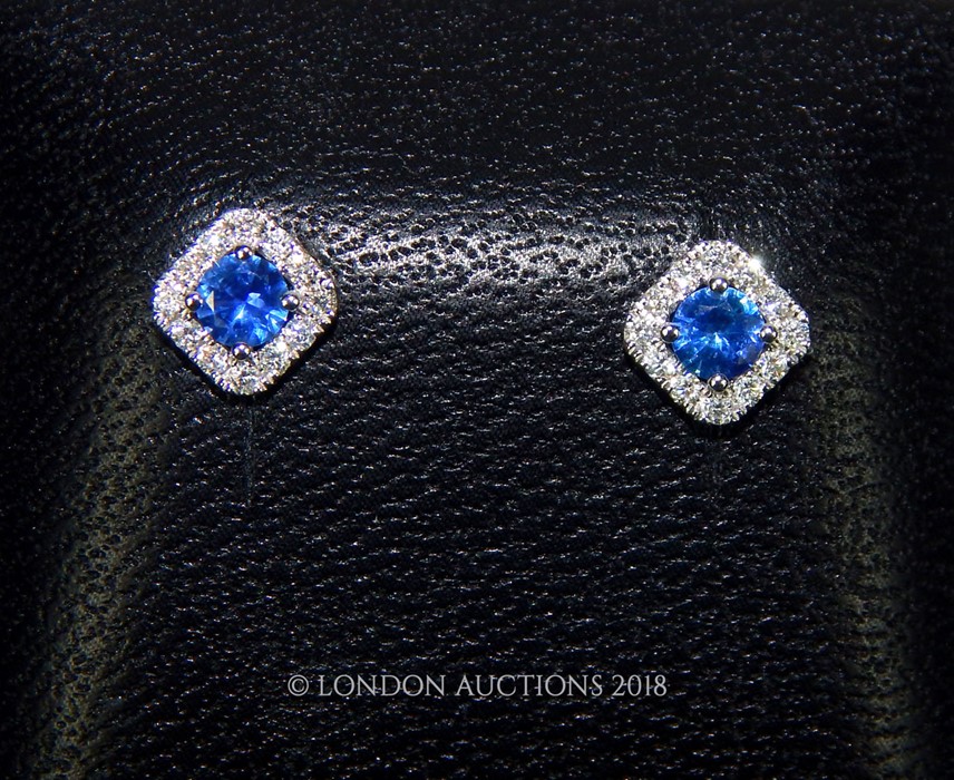 A pair of 18 carat White Gold Sapphire and Diamond earrings. - Image 2 of 3