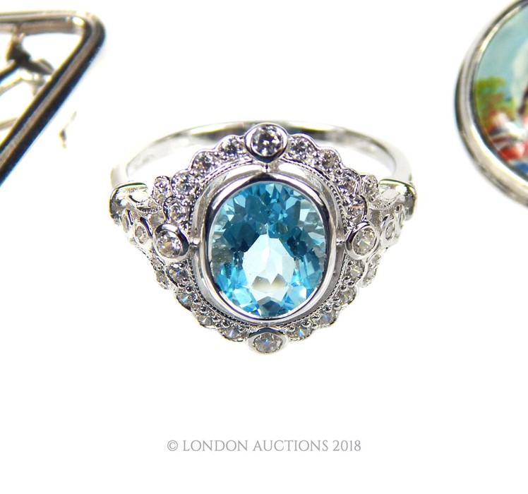 A pair of Silver and enamel cufflinks. a Silver and Aquamarine ring and a George Jensen style brooch - Image 3 of 4