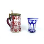 A Bohemian blue flash drinking glass and red flash tankard