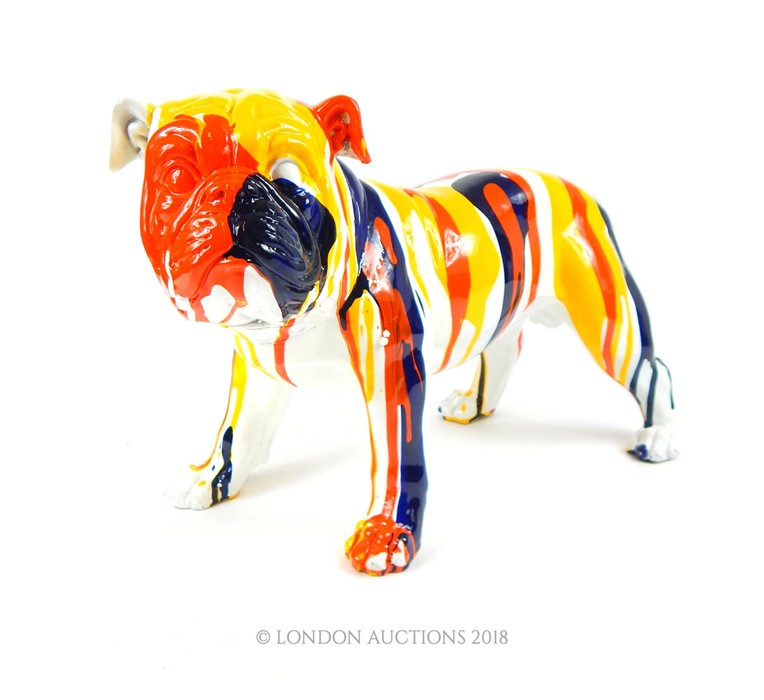 A brightly coloured sculpture of a bulldog