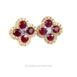 A pair of 18 carat yellow gold Ruby and Diamond cluster earrings.