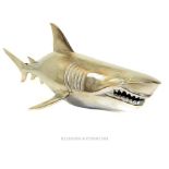 A nickel plated great white shark wall sculpture.