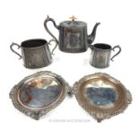 A pair of Old Sheffield Plate salvers and a Victorian silver plated three piece tea set