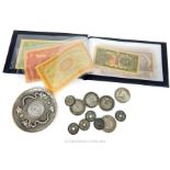 A Chinese silver dish, Chinese coins plus bank notes.