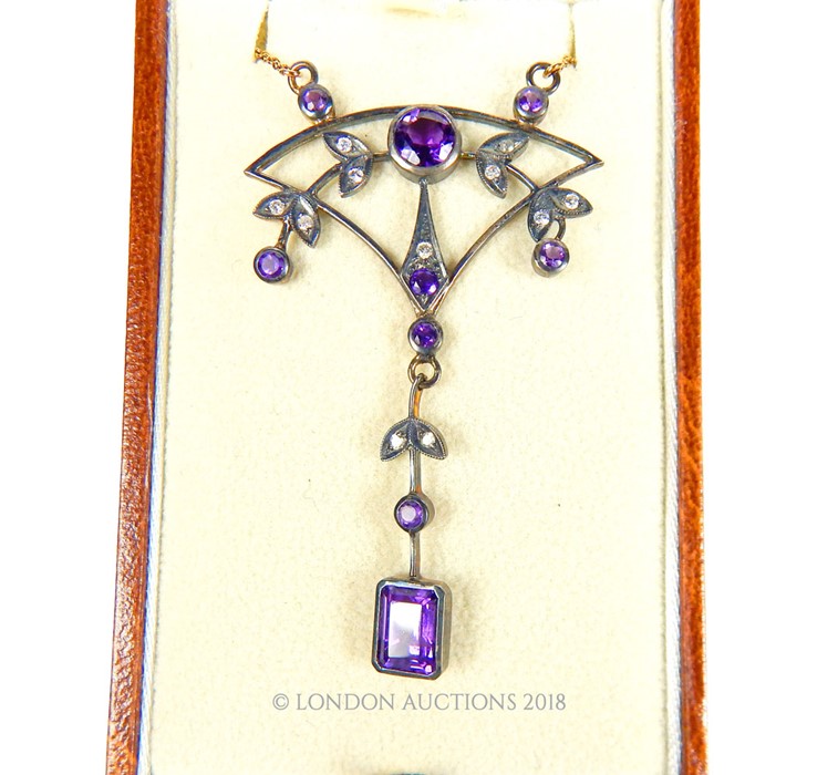 A Gold and Silver Necklace set with Amethyst and Diamonds