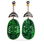 A Pair of Silver Jade and Diamond Set Drop Earrings
