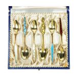 Six Solid Silver Gilt and Enamel Danish Coffee Spoons.