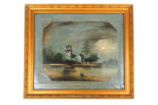 A 19th century Chinese export oil on canvas moonlit landscape - Image 1 of 2