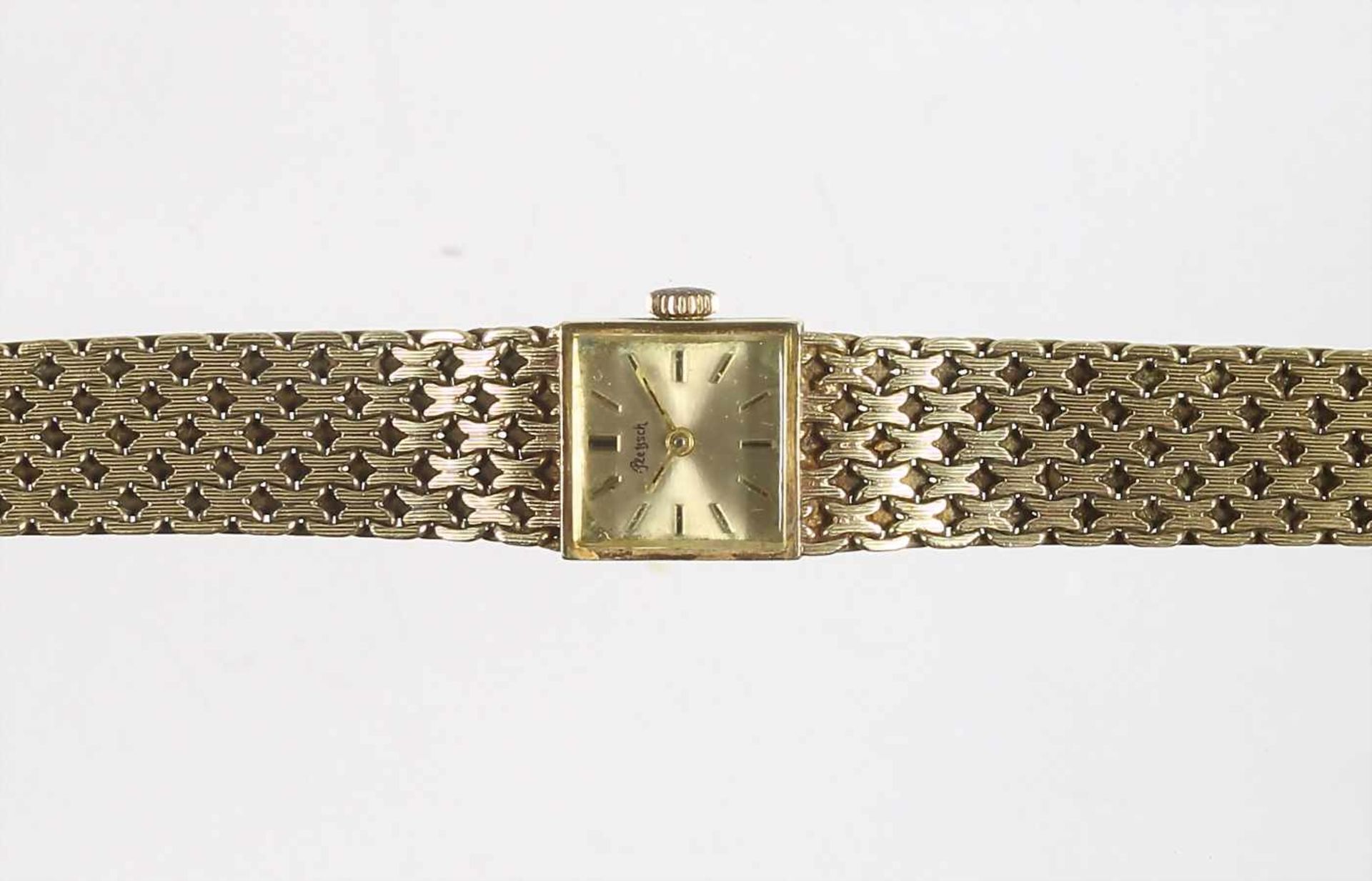 Damen-Armbanduhr "PLETSCH", GG 585/000, sig.: Pletsch, 4-eckiges Gehäuse, Handaufzug, Klappschließe, - Bild 2 aus 2