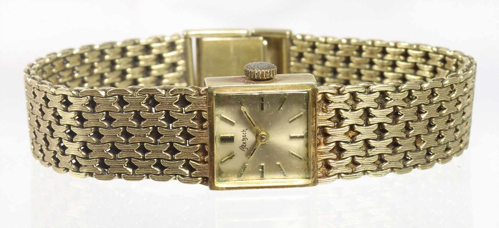 Damen-Armbanduhr "PLETSCH", GG 585/000, sig.: Pletsch, 4-eckiges Gehäuse, Handaufzug, Klappschließe,