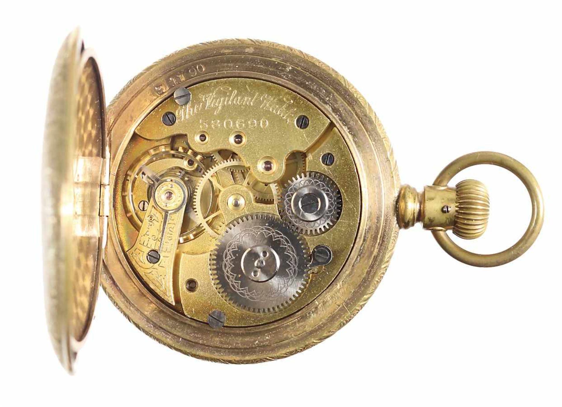 Herren-Sprungdeckel-Taschenuhr, 1910/20er Jahre, goldfarben, röm. Index, Minuteneinteilung, kl. Sek. - Bild 3 aus 4