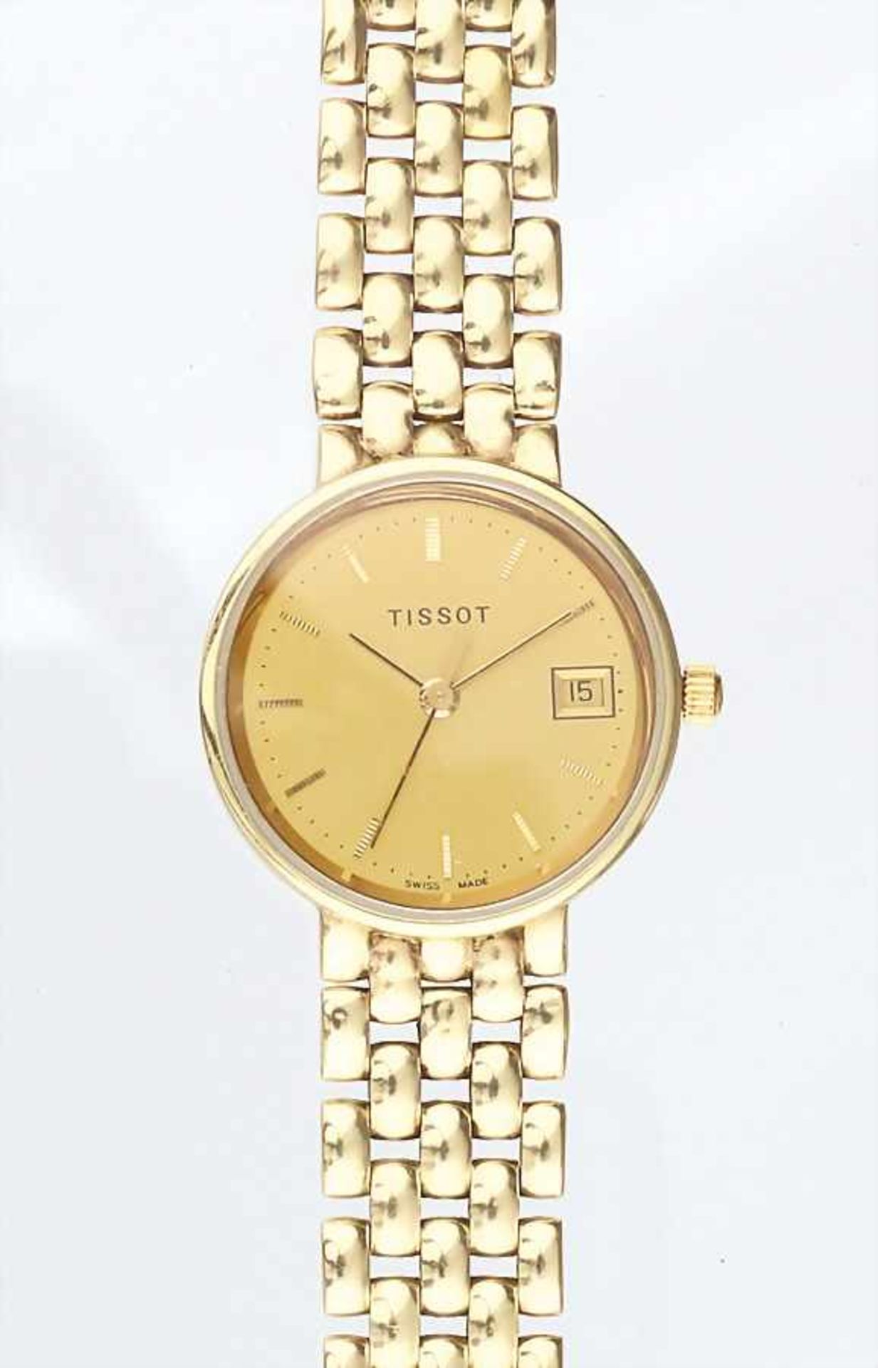 Damen-Armbanduhr, "TISSOT", Quarz, GG 585/000, Zentralsek., Strichindex, Dat-Fenster auf 3 Uhr,
