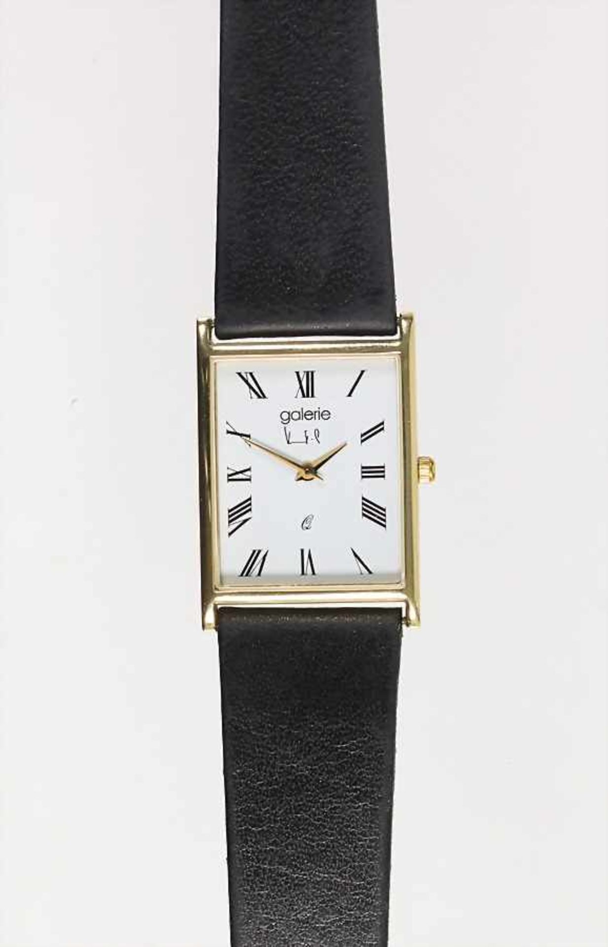 Damen-Armbanduhr, "KUBIK" Heidelberg, Quarz, GG 585/000, sig: galerie Kubik, weißes Ziffernblatt,