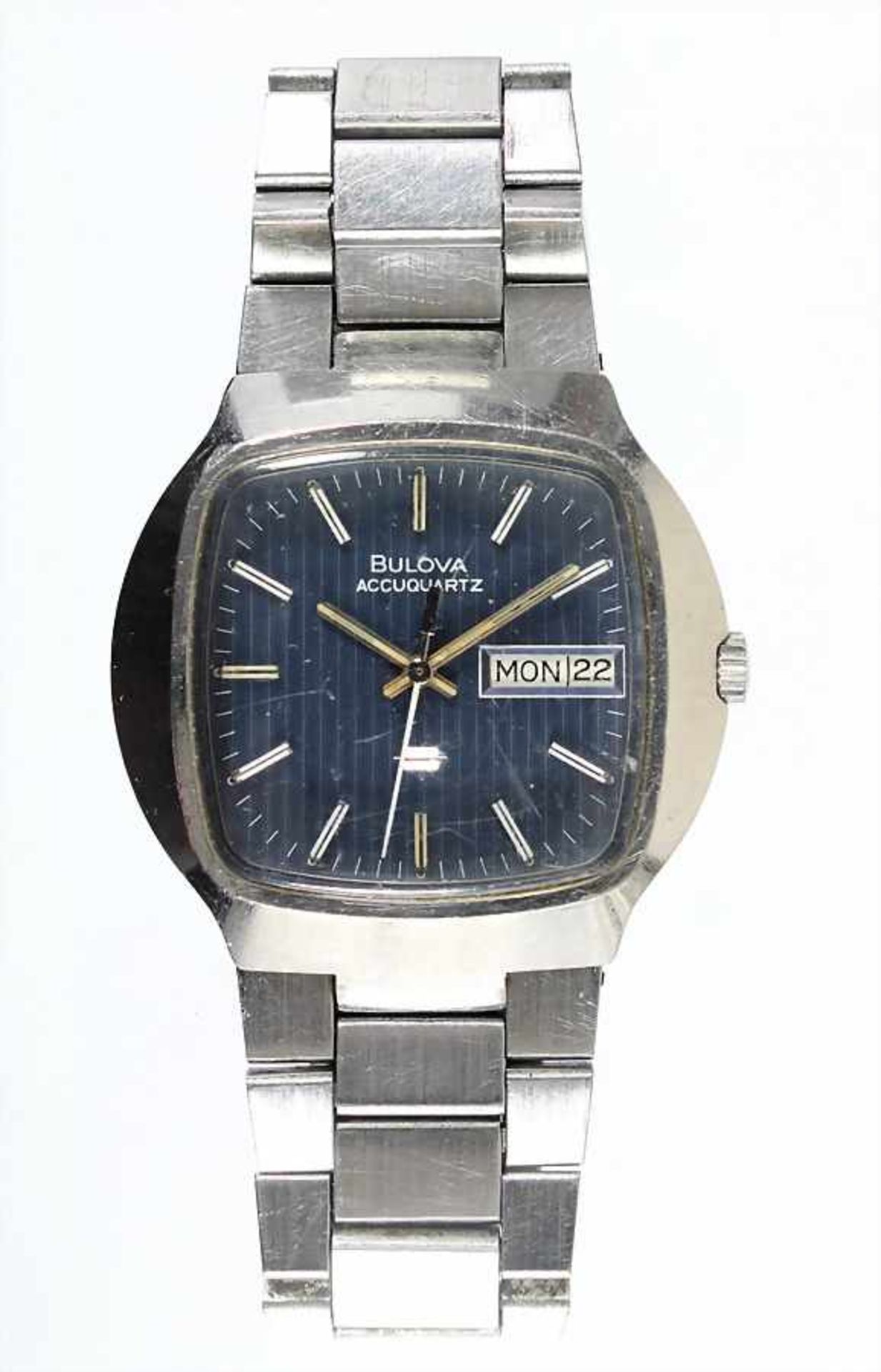 Herren-Armbanduhr, "BULOVA-ACCUQUARZ", VINTAGE, USA 1970er Jahre, Stahl, anthrazitf. Ziffernblatt,