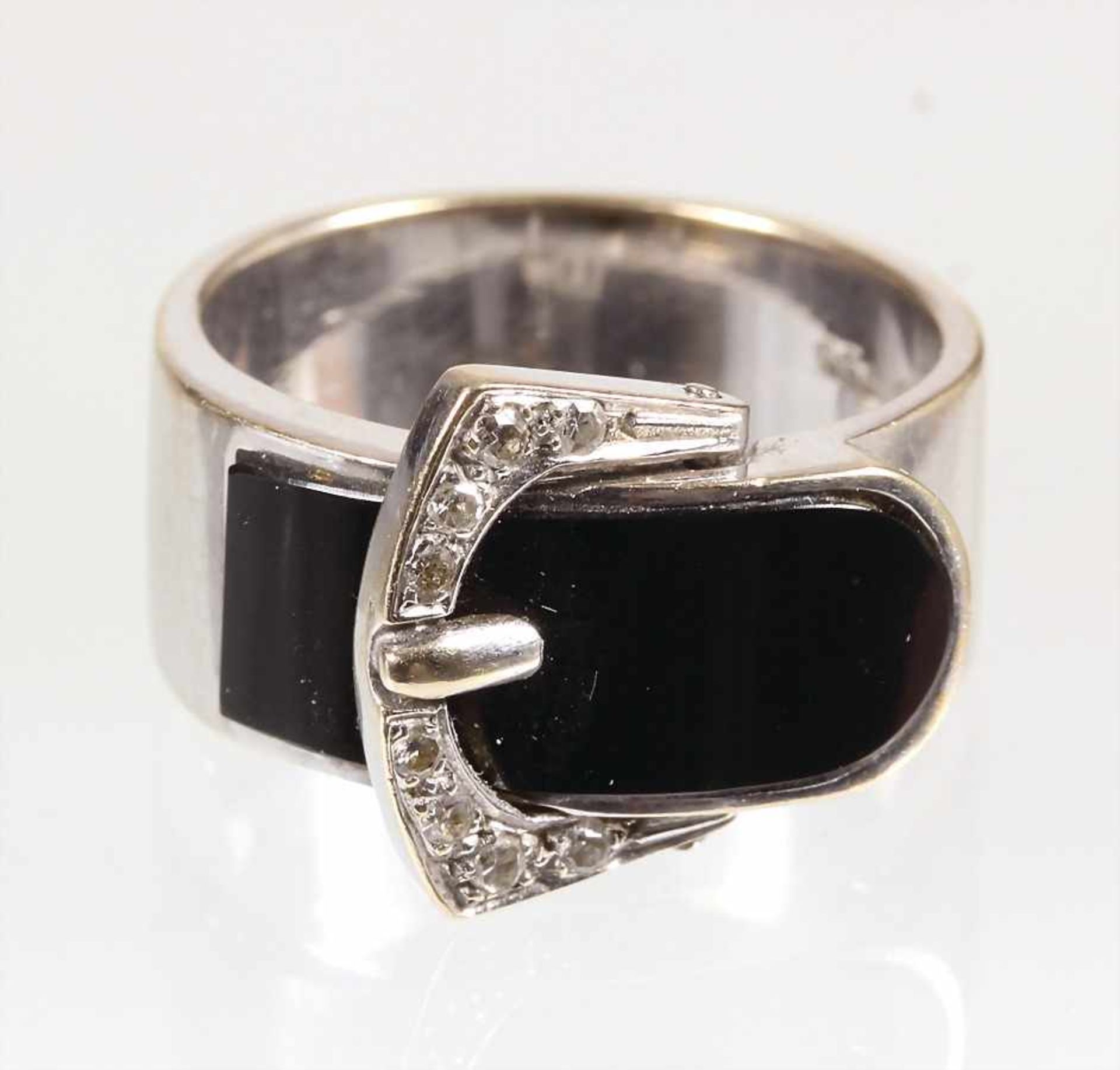 Ring VINTAGE, WG 750/000, sig.: rejo, 8 St. 8/8-kant Diamanten weiß, Onyxeinlage, Gürtelschnalle